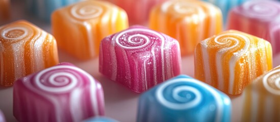 Poster - Vibrant striped candies arranged aesthetically to evoke happiness and indulgence in a colorful dessert setting