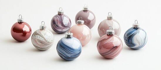 Poster - Elegant decorative baubles in various colors and patterns for a stylish Christmas tree display on a neutral background