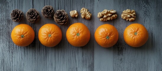Poster - Rustic Christmas arrangement of tangerines walnuts and pine cones on a textured gray wooden surface for holiday decor inspiration