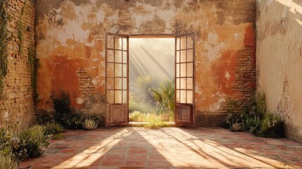 Poster - Sunlight streaming through an open window illuminating zamioculca branches in a rustic indoor setting with weathered walls and greenery