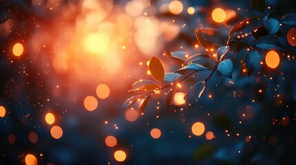 Poster - Bokeh lights with warm hues and soft focus effect creating a dreamy atmosphere amidst leaves and natural elements in a serene setting