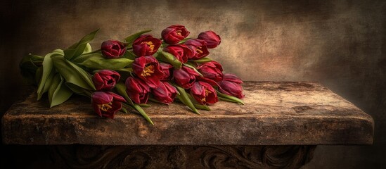 Aufkleber - Elegant bouquet of red tulips gracefully arranged on a rustic stone table with a dark textured background. Perfect for spring decor themes.