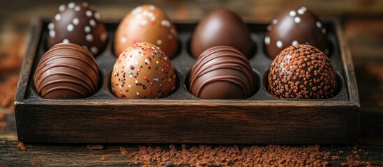 Aufkleber - Charming assortment of decorative chocolate Easter eggs arranged in a vintage wooden box on a rustic table setting