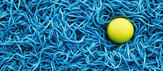 Aufkleber - Yellow ball among blue textured material creating a vibrant and playful composition in an abstract nature setting.