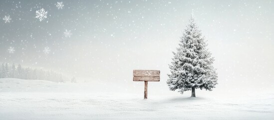 Aufkleber - Snow-covered Christmas tree beside a rustic wooden sign in a serene winter landscape with gently falling snowflakes