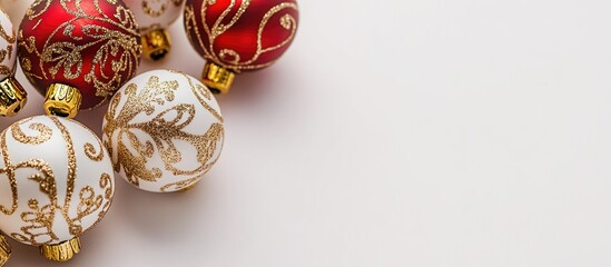 Poster - Elegant red and white Christmas baubles with golden patterns arranged on a white background for festive postcards and holiday decor.