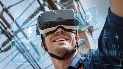 Poster - A man wearing a VR headset smiles, engaged in augmented reality for industrial applications.