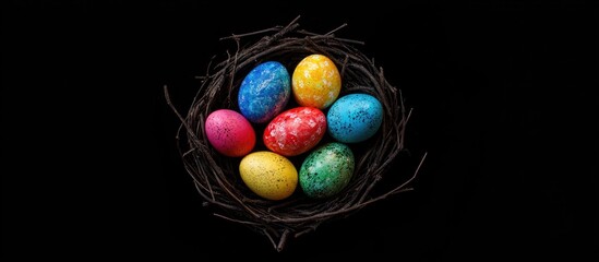 Poster - Vibrant Easter eggs in a rustic nest against a black background showcasing festive decorations and colorful designs for spring celebrations