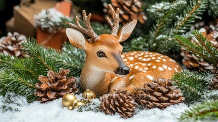 Poster - Scandinavian Christmas composition featuring a deer figurine surrounded by pine cones and fir trees on artificial snow for the holiday season