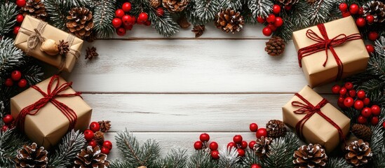 Poster - Christmas wreath arrangement with fir branches pine cones red berries and wrapped gifts on a rustic wooden background with empty space