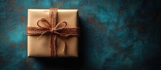 Poster - Elegant gift box wrapped with twine on a textured blue background with ample space for personalized message or holiday greeting text.