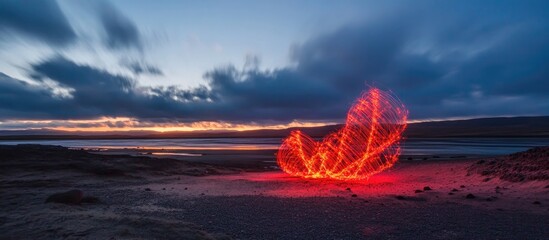 Poster - Stunning long exposure of vibrant fireworks illuminating the twilight sky over a serene landscape at dusk
