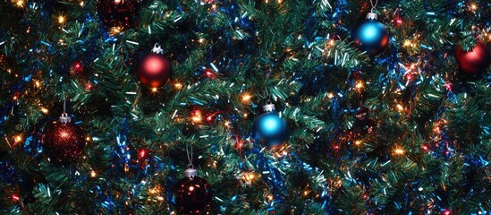 Aufkleber - Colorful Christmas tree adorned with tinsel ornaments and festive baubles creating a vibrant holiday ambiance.