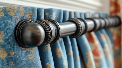 Poster - Elegant curtain poles and finials enhancing a stylishly draped fabric curtain with floral patterns in a cozy interior setting.