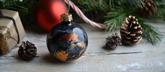Poster - Beautifully decorated Christmas bauble with tag, surrounded by festive pinecones and greenery on rustic wooden table setting.