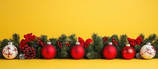 Aufkleber - Festive Christmas decorations with red ornaments and greenery arranged against a bright yellow background for holiday celebrations