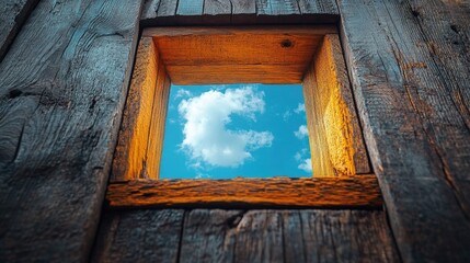 Aufkleber - Sunlit wooden frame showcasing bright blue sky and fluffy clouds through rustic textures of weathered wood.