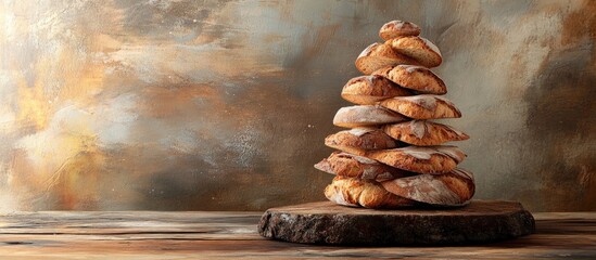 Poster - Bread arranged in a Christmas tree shape on a rustic wooden table with textured background and ample space for festive decorations.