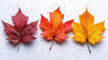 Poster - Vibrant autumn maple leaves in red orange and yellow hues with water droplets on a white background showcasing seasonal beauty.