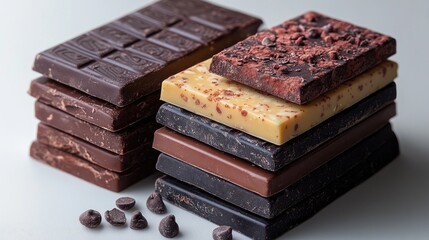 Poster - Stack of assorted chocolate bars with various textures and flavors isolated on white background for culinary and dessert themes