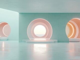 Poster - A serene, modern interior featuring circular openings, soft pastel colors, and smooth surfaces that create a peaceful, minimalist atmosphere.