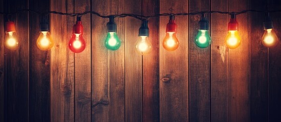 Poster - Colorful Christmas lights glowing against a rustic brown wooden background creating a festive and warm atmosphere during the holiday season.