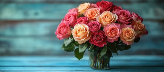 Aufkleber - Colorful rose bouquet in a glass vase on a rustic blue wooden table showcasing vibrant florals and natural beauty