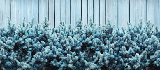 Poster - Winter holiday backdrop showcasing frosted spruce trees against a rustic wooden background ideal for seasonal greeting cards and banners