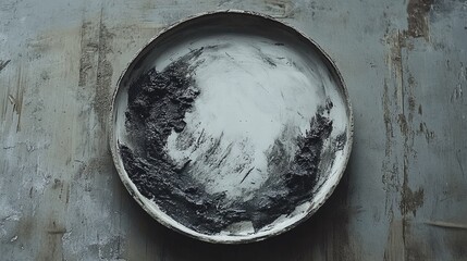 Aufkleber - Close up of an artistic ceramic plate displaying abstract textures and patterns on a rustic textured table surface