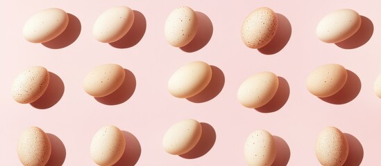 Poster - Minimalist Easter design featuring a geometric arrangement of eggs on a soft pastel pink background ideal for seasonal themes and marketing.