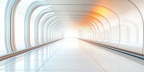 Poster - A modern, brightly lit tunnel with curved arches leading to a bright exit, conveying a sense of depth and futuristic design.