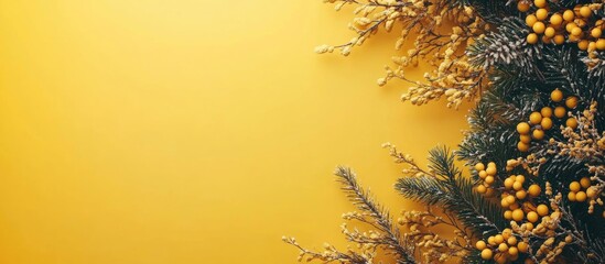 Poster - Festive Christmas background with a warm yellow hue and decorated garland in the corner, perfect for personalized holiday messages.