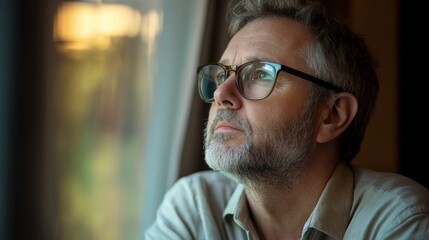 Poster - A thoughtful man sits near a window, his glasses reflecting hints of light, as he gazes outside, immersed in contemplation
