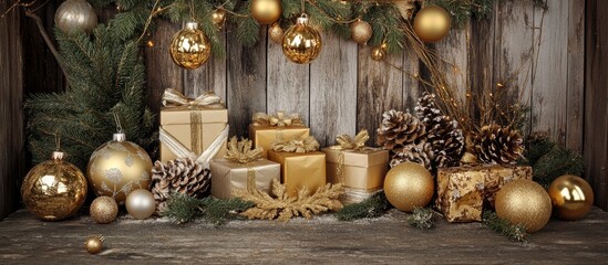 Poster - Elegant Christmas backdrop with gold gift boxes, ornaments, and greenery on rustic wooden surface for festive holiday designs.