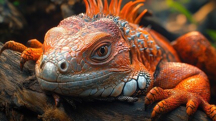 Poster - Closeup of a vibrant red iguana resting on a wooden surface in a natural habitat setting showcasing its colorful scales and detail