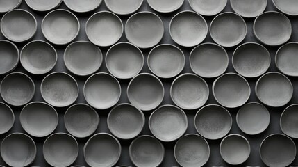 Poster - Handmade gray ceramic plates arranged in a circular pattern on a textured background with empty space for creative display or design projects