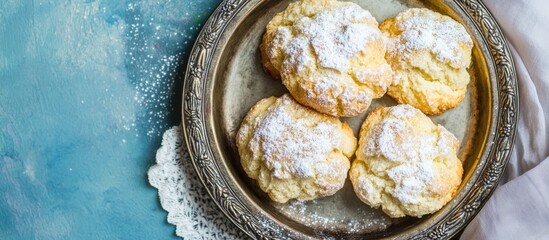 Poster - Festive Christmas cookies coated in powdered sugar arranged on an antique metal tray against a textured teal background