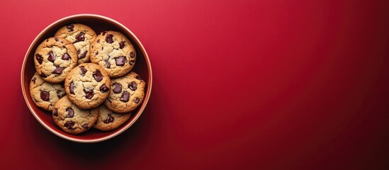 Poster - Homemade chocolate chip cookies in a brown clay bowl on a vibrant red backdrop with space for text Perspective from above