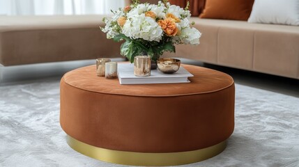 Aufkleber - Minimalistic Living Room Composition with Brown Velvet Pouf Elegant Coffee Table Floral Arrangement and Stylish Home Accessories