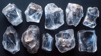 Poster - Crystal clear ice cubes arranged on a dark background showcasing their unique shapes and textures for culinary or beverage presentations