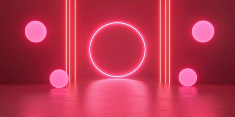 Poster - A vibrant pink-lit space features glowing circles and vertical neon lines, creating a modern and dynamic atmosphere.