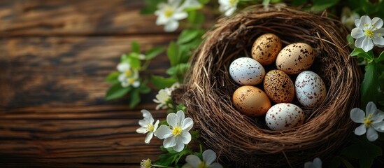 Poster - Nest of quail eggs surrounded by spring flowers on a wooden background top view with copy space for Easter decoration and seasonal themes