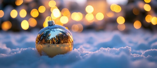Aufkleber - Golden Christmas bauble resting on snow with soft glowing lights in the background creating a festive and warm holiday atmosphere