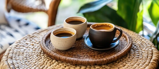 Poster - Artisan black coffee served in ceramic cups on a woven tray surrounded by greenery in a cozy cafe setting