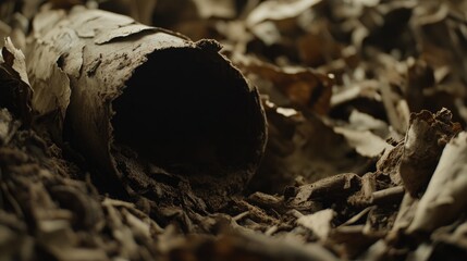 Poster - Cinnamon candy nestled among dry leaves creating a warm and rustic atmosphere in nature.