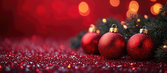 Aufkleber - Festive Christmas ornaments and fir branches on a vibrant red background with sparkling lights creating a warm holiday atmosphere.