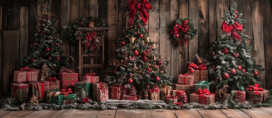 Aufkleber - Festive Christmas backdrop with decorated trees and gift boxes surrounded by wooden accents and holiday cheer
