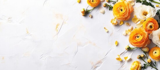 Aufkleber - Delicate yellow and orange ranunculus flowers arranged in a glass vase with petal details on a white background showcasing natural beauty
