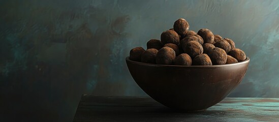 Poster - Bowl filled with luxurious chocolate truffles elegantly arranged on a textured surface with a moody backdrop