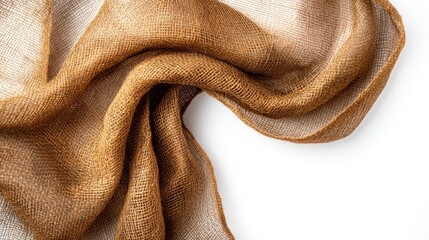 Aufkleber - Close-up of textured brown burlap fabric on a white background showcasing natural wrinkled patterns and fibers for design or textile use